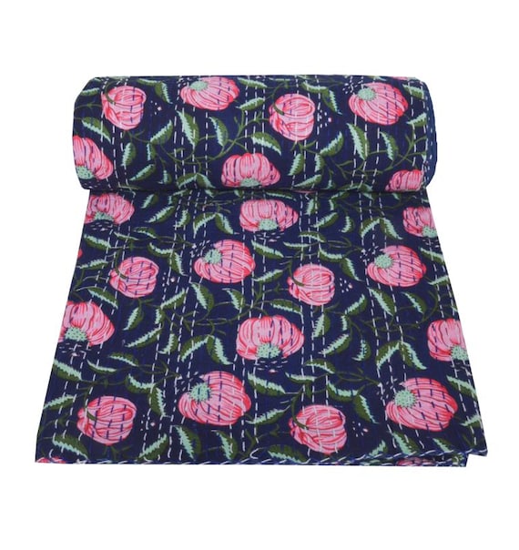 Indian Quilt floral Print Cotton Kantha Bedspread, Throw Blanket, Queen ,twin size,King Size, Bedding Boho kantha Blanket