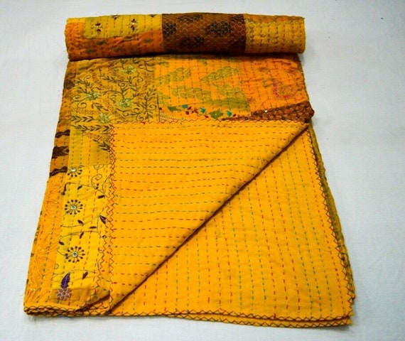 Indian  Traditional Patchwork  Kantha Quilt Queen Size Hippie Boho Bohemian Bedding Blanket Bedspread Throw Gudari