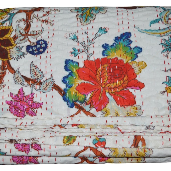 Couvre-lit indien kantha, jeté de lit taille unique bloc main imprimé floral couverture Gudari vintage couvre-lit housse de canapé