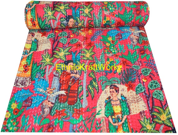 Turquoise Color Block Print Kantha Bed Cover Throw Decorative Bedspread Reversible Cotton Bed sheet Vintage Gudri Indian Handmade Kantha Quilt Turquoise Color Block Print Kantha Bed Cover Throw Decorative Bedspread Reversible Cotton Bed sheet Vintage Gudri Indian Handmade Kantha Quilt
