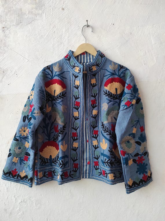 Floral Embroidered Tnt Suzani Jacket: Boho Short Coat