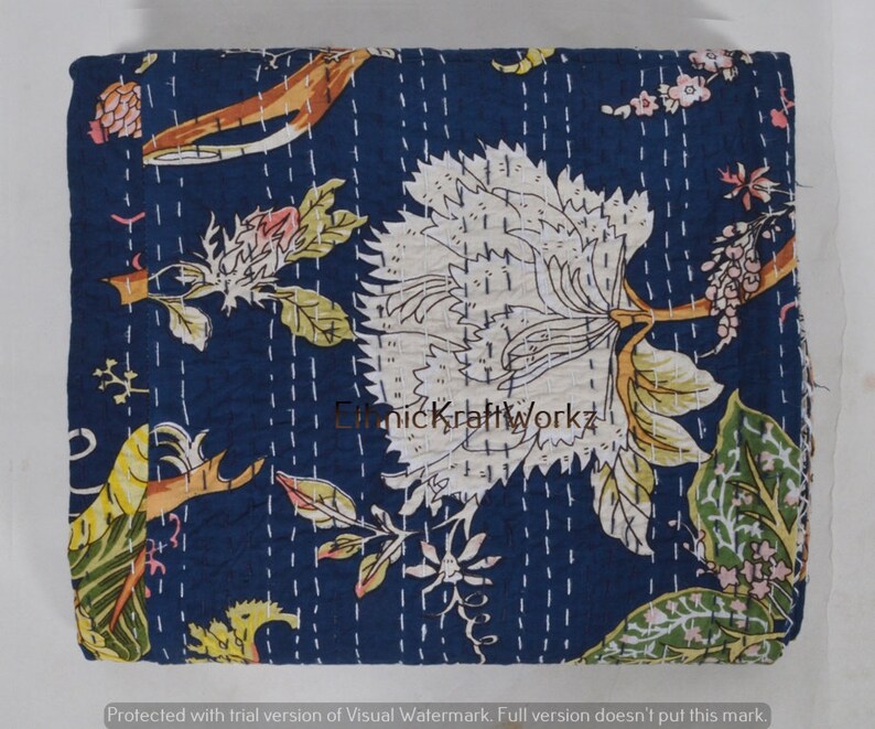 Handblock Blommigt indiskt Kantha-täcke Kantha-täcke Blå bas Blått Kantha-täcke Kantha-överkast Bomullsfilt Gudari bild 3
