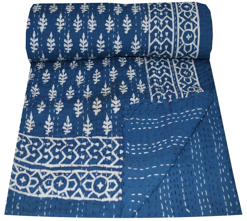 Indigo blue Coverlet Twin Size Bird Print Bohemian Boho Block Printed 100/% Indian Cotton Vintage Kantha quilts Hand Stitched Quilt