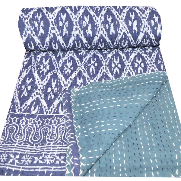 Indian Hand Block Cotton Ikat Print Kantha Throw Reversible Bedding Kantha Twin Size Bedspread