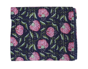Indian Kantha Quilt  Floral Hand Block print Cotton Bed cover, Bedspread Blanket Twin/Queen/King Quilt Kantha Coverlet Throw