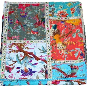 Indian Bird Print Patchwork Cotton Kantha Quilt Throw Blanket Gudari  Throw