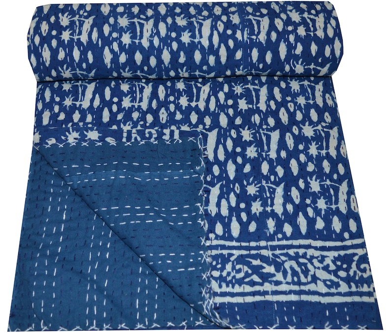 Indian Indigo Bedcover Twin Handmade Hand Block Print Quilt Indigo Print Kantha Bedcover Reversible Kantha Blue Throw Quilt