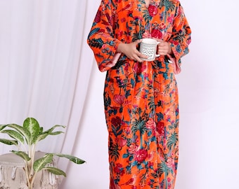 Indian Cotton Floral Birdal Robe For Women Indian Soft & Comfy Dress, Velvet House Robe Velvet Kimono Japanese Kimono, Boho Kimono,