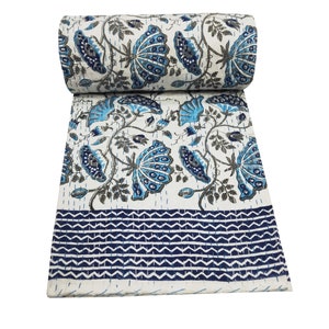 Narzuta na łóżko z nadrukiem kantha, indyjska bawełna, kołdra kantha, narzuta kantha z wielokwiatowym nadrukiem w stylu boho