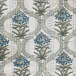 May include: A white fabric with a repeating pattern of blue flowers and green leaves. The flowers are arranged in a symmetrical pattern within a repeating geometric design.