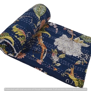 Handblock Blommigt indiskt Kantha-täcke Kantha-täcke Blå bas Blått Kantha-täcke Kantha-överkast Bomullsfilt Gudari bild 1
