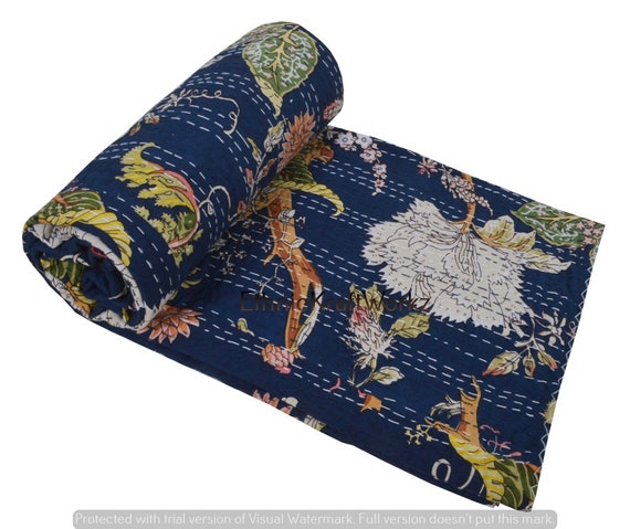 Hand block Floral Print Indian Kantha Quilt Kantha Quilt Blue Base Blue Kantha Quilt Kantha Bedcover Throw Cotton Blanket Gudari