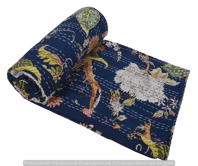 Handblock Blommigt indiskt Kantha-täcke Kantha-täcke Blå bas Blått Kantha-täcke Kantha-överkast Bomullsfilt Gudari bild 1