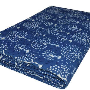 Indian Indigo Bedcover Twin Handmade Hand Block Print Quilt Indigo Print Kantha Bedcover Reversible Kantha Blue Throw Quilt