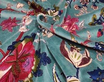 Indian handmade luxury hot soft velvet fabric floral print, sofa chair curtain fabric ,Green fabric in velvet