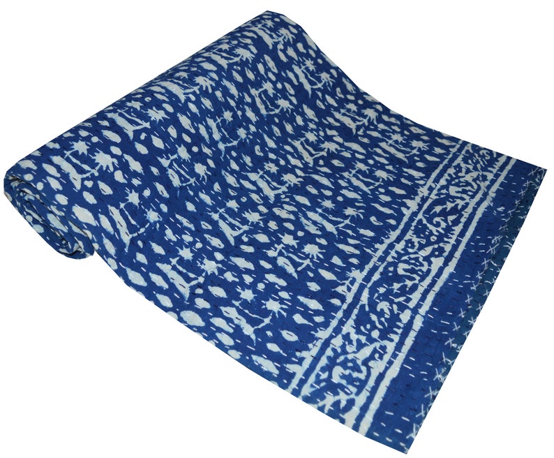 Indian Indigo Bedcover Twin Handmade Hand Block Print Quilt Indigo Print Kantha Bedcover Reversible Kantha Blue Throw Quilt