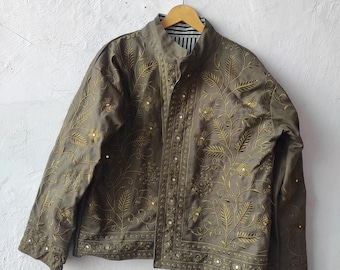 Canvas Duck Suzani Embroidered Coat Winter Jacket | Handmade Short Festival Coat | Ethnic Bohemian Outerwear | Winter Jacket | Gift For Wife