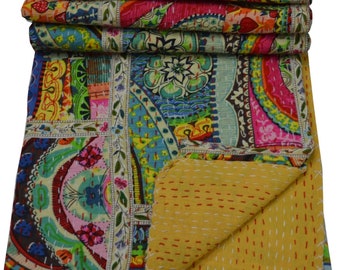 Indian Handmade Kantha Quilt Throw Multi Color Patchwork Design Cotton Kantha Bedspread  Throw Bedcover Gudari