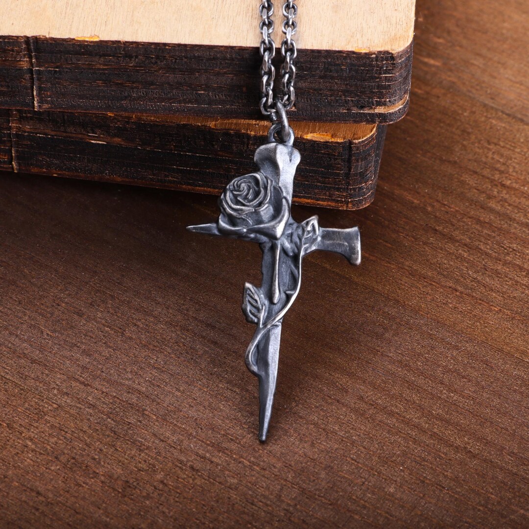 Solid 925 Sterling Silver Rose Cross Pendant Necklace Viking Men ...