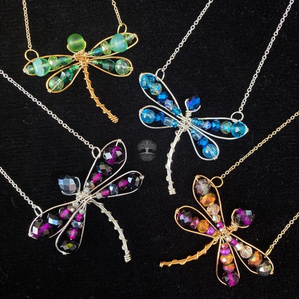 Jeweled Dragonfly Necklace. Multi-faceted Glass Bead Adjustable Dragonfly Pendant Necklace. Wire Wrapped Dragonfly Jewelry.