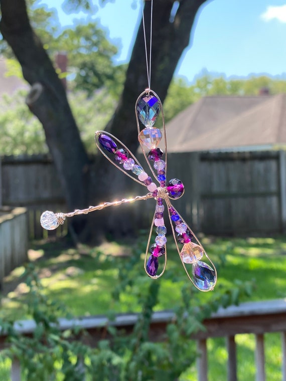 Copper Wire and Glass Bead Dragonfly Suncatcher. Purple Etsy