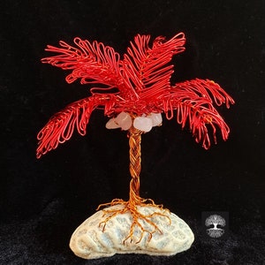 Coral and Rose Quartz Gemstone Copper Wire Palm Tree Island Sculpture. Beach Theme Decor. Tropical Beach Island Sculpture.