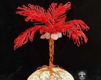 Coral and Rose Quartz Gemstone Copper Wire Palm Tree Island Sculpture. Beach Theme Decor. Tropical Beach Island Sculpture.