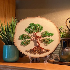Standing Tree of Life Shelf Decor. Bonsai Tree Plaque. Glass Gem Tree Display. Wire Tree of Life Mantle Art Display. Tree Art Decor.
