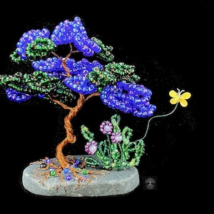 Dreamland Fairy Garden Tree of Life Diorama Sculpture. Beaded Copper Wire Mythical Forest Garden. Rare and Unique Collector Tree Art Gift.