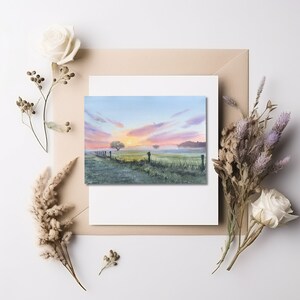 Aube vierge à l'intérieur carte de voeux lever du soleil coucher de soleil aquarelle Art original paysage anniversaire carte de fête des mères