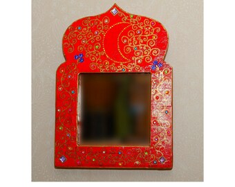 Indian Red Mughal Style Mirror - Decorative Mirror - Indian Mirror - Moroccan Wall Mirror - Moon and Flower Pattern - Trendy Gift