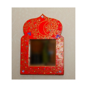 Espejo indio rojo estilo mogol - Espejo decorativo - Espejo indio - Espejo de pared marroquí - Estampado de luna y flores - Regalo de moda