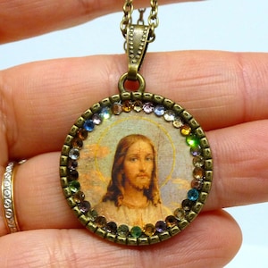 Handmade Jesus Christ Religious Medallion Round Shape Decorated With Luminous Glass Rhinestones