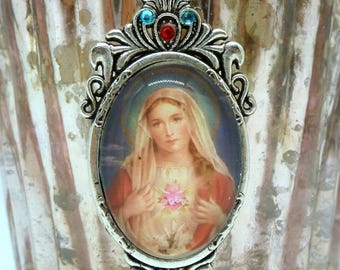 Sacred Heart of Mary Medal - Blessed Virgin - Virgin Mary Pendant, Virgin Mary Medal - Religious Jewelry - Handmade Necklace