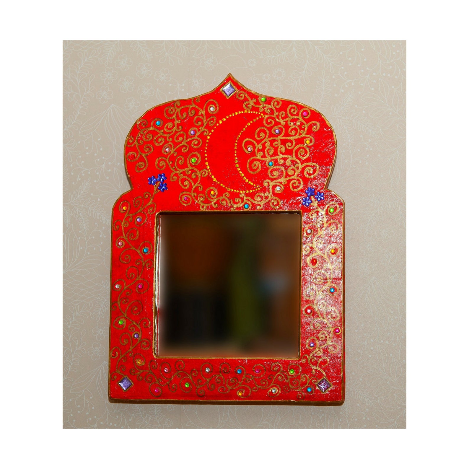 Mughal Style Indian Red Mirror Decorative Mirror Indian Etsy