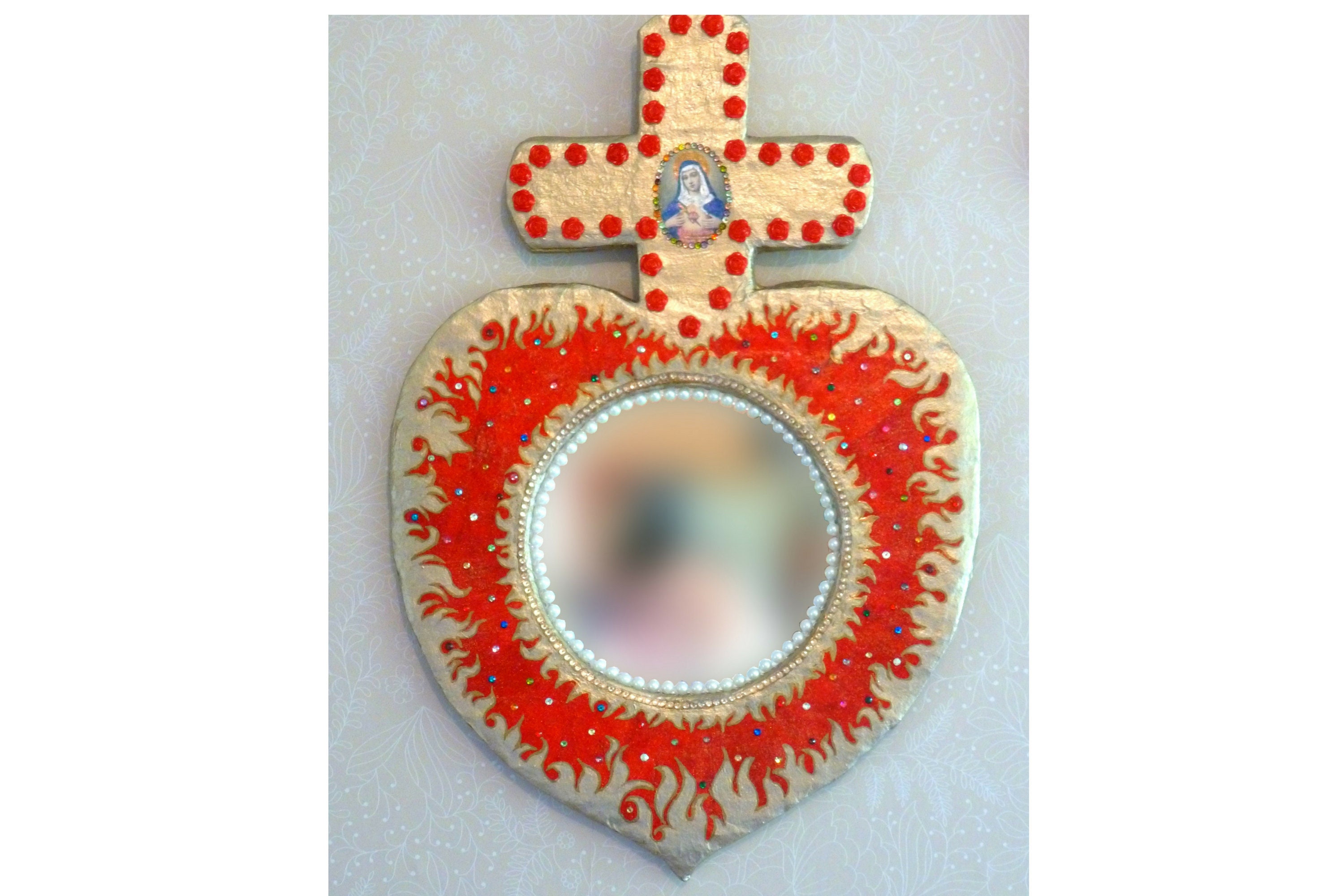 Miroir Coeur Sacré de Marie - Vendéen Cadeau Unique Miroir Décoratif Mural Icône Religieux, Chrétien