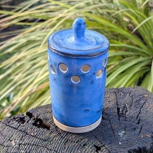 Blue Ceramic Garlic Keeper, Lidded Kitchen Storage Pot