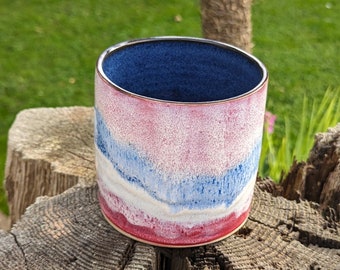 Pale Pink, white and blue striped ceramic plant pot, housewarming gifts,