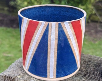 Union Jack themed plant pot, red white and blue ceramic planter, housewarming gifts,