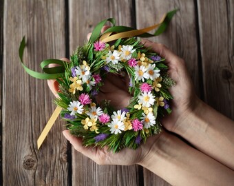 Mini paper wreath with wildflowers, Cute gift for her