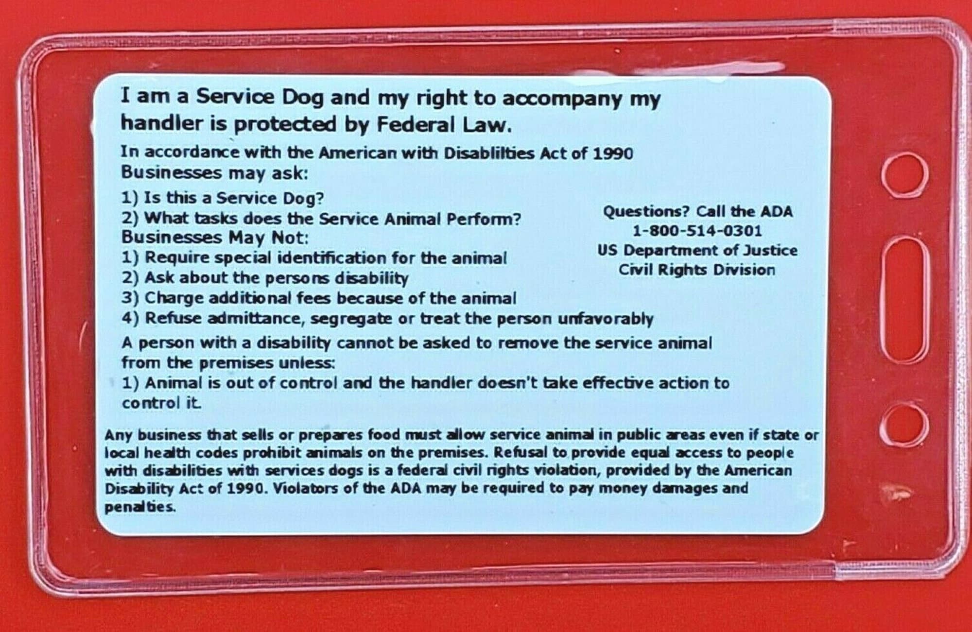 Service Dog ID ADA Law Info Rights Card Hard Plastic W/ Holder Etsy