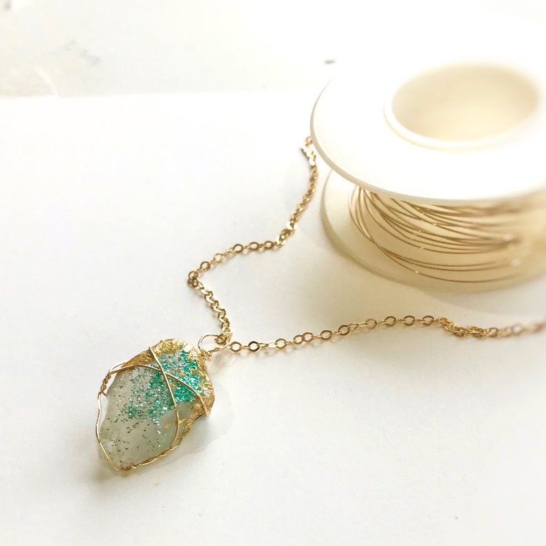 Seascape Dreams White Rhode Island Sea Glass With Gold Leaf Top Mermaid Aqua And Turquoise Sparkle Wire Wrapped