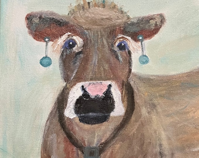 Prints Available “My Earrings Match My Cowbell”     ORIGINAL SOLD From Southern Folk Artist Mary Bryan Flach.  12x12 on Canvas
