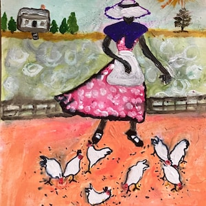 May include: A folk art painting shows a figure in a pink polka-dot dress and white apron, surrounded by chickens. The artwork includes a sun, a house, and a fence. The colour palette features orange, pink, and blue, with a signature in the bottom right corner.