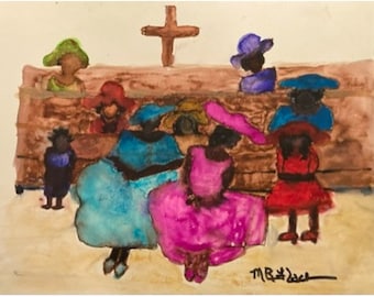 Puede incluir: Pintura acuarela de un grupo de personas en un entorno de iglesia. Las personas visten ropa y sombreros coloridos. Una cruz de madera está colocada encima de ellos.