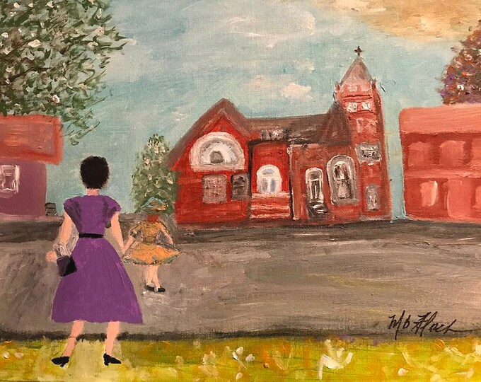 Original Acrylic of "Mamma and Boukie Going to Church"circa 1960’s. By renouned Southern Folk Artist, Mary Bryan Flach