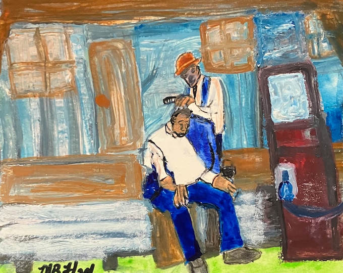 Gas and a Haircut Five Bucks 7x7 Original Watercolor SOLD by Southern Folk Artist, Mary Bryan Flach Signed and numbered Prints Available!