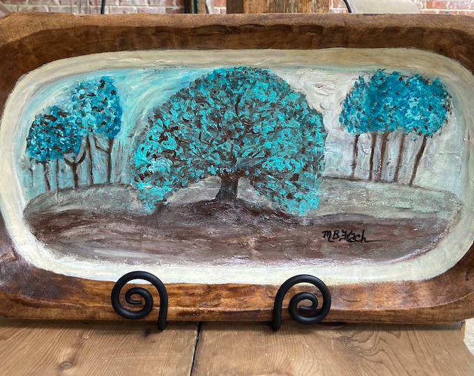 SOLD!!!!! Extra-large hand painted authentic dough bowl "Swaying the Blues”. COMMISSION another very special piece like this by M B Flach