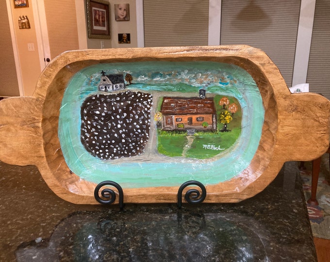 Sale! Authentic dough bowl with original painting by artist, Mary Bryan Flach of colorful daughter art. Highly sought after .