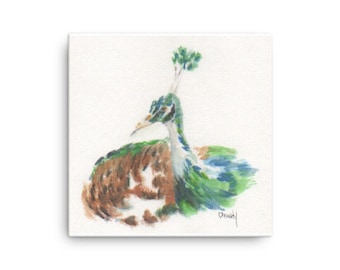 Green Peacock Canvas Print / Peacock Decor / Peacock Wall Art / Guest Room Decor